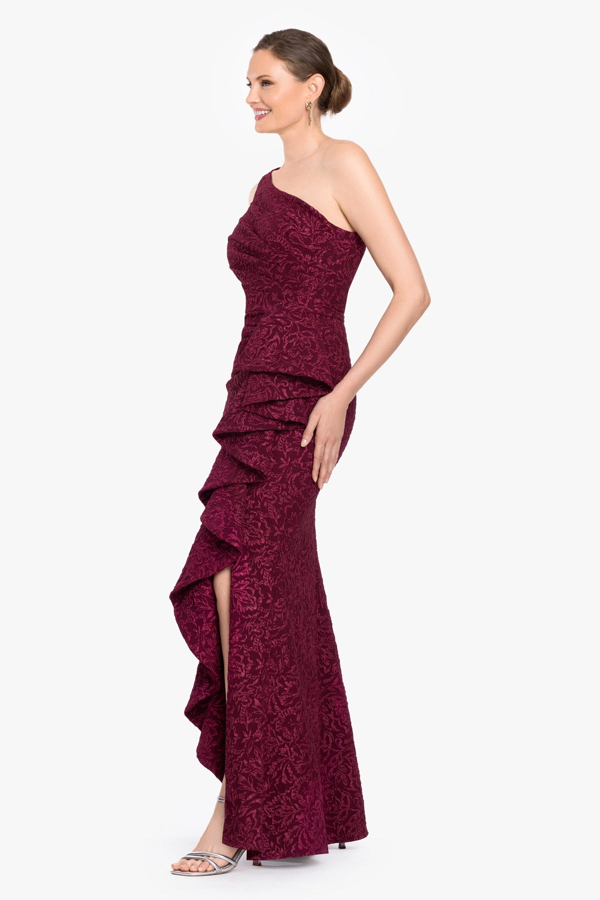 Betsy & Adam "Rosalia" Brocade One Shoulder Side Ruffle Dress - Bordeaux