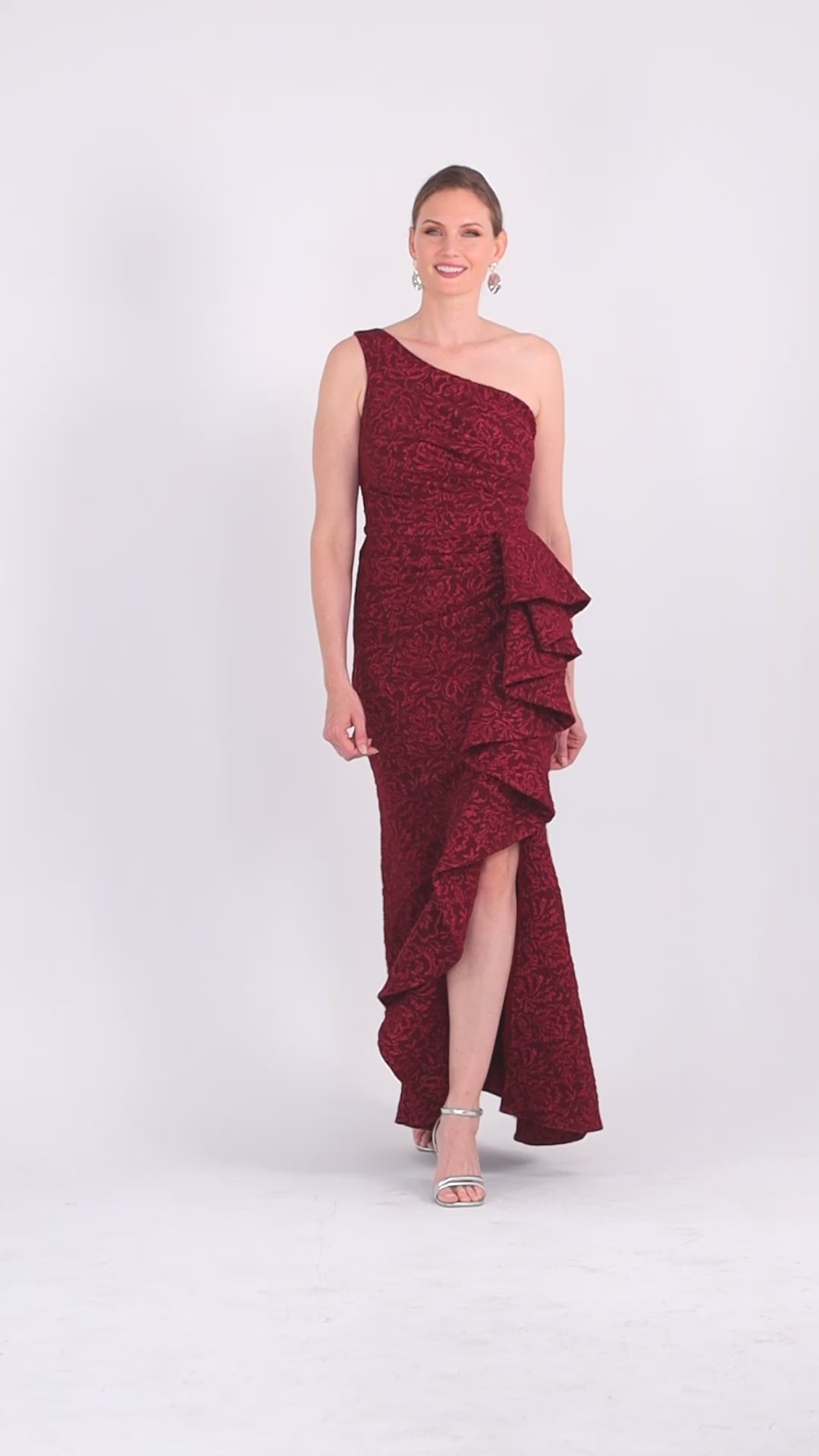 Betsy & Adam "Rosalia" Brocade One Shoulder Side Ruffle Dress - Bordeaux