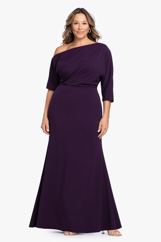Betsy & Adam Plus “Madeline” Scuba Crepe Off The Shoulder Dress - Mulberry
