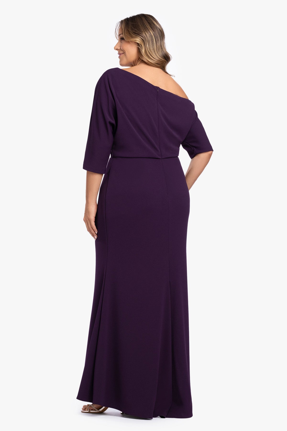 Betsy & Adam Plus “Madeline” Scuba Crepe Off The Shoulder Dress - Mulberry