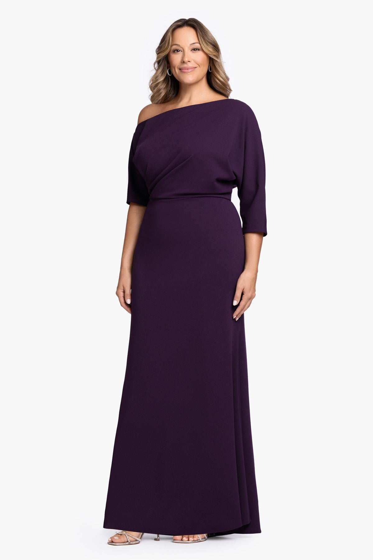 Betsy & Adam Plus “Madeline” Scuba Crepe Off The Shoulder Dress - Mulberry