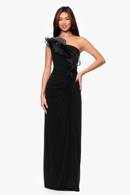 Betsy & Adam "Jade" Jersey Knit One Shoulder Organza Ruffle Dress - Black