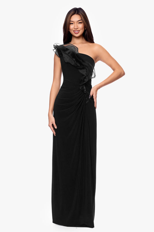 Betsy & Adam "Jade" Jersey Knit One Shoulder Organza Ruffle Dress - Black