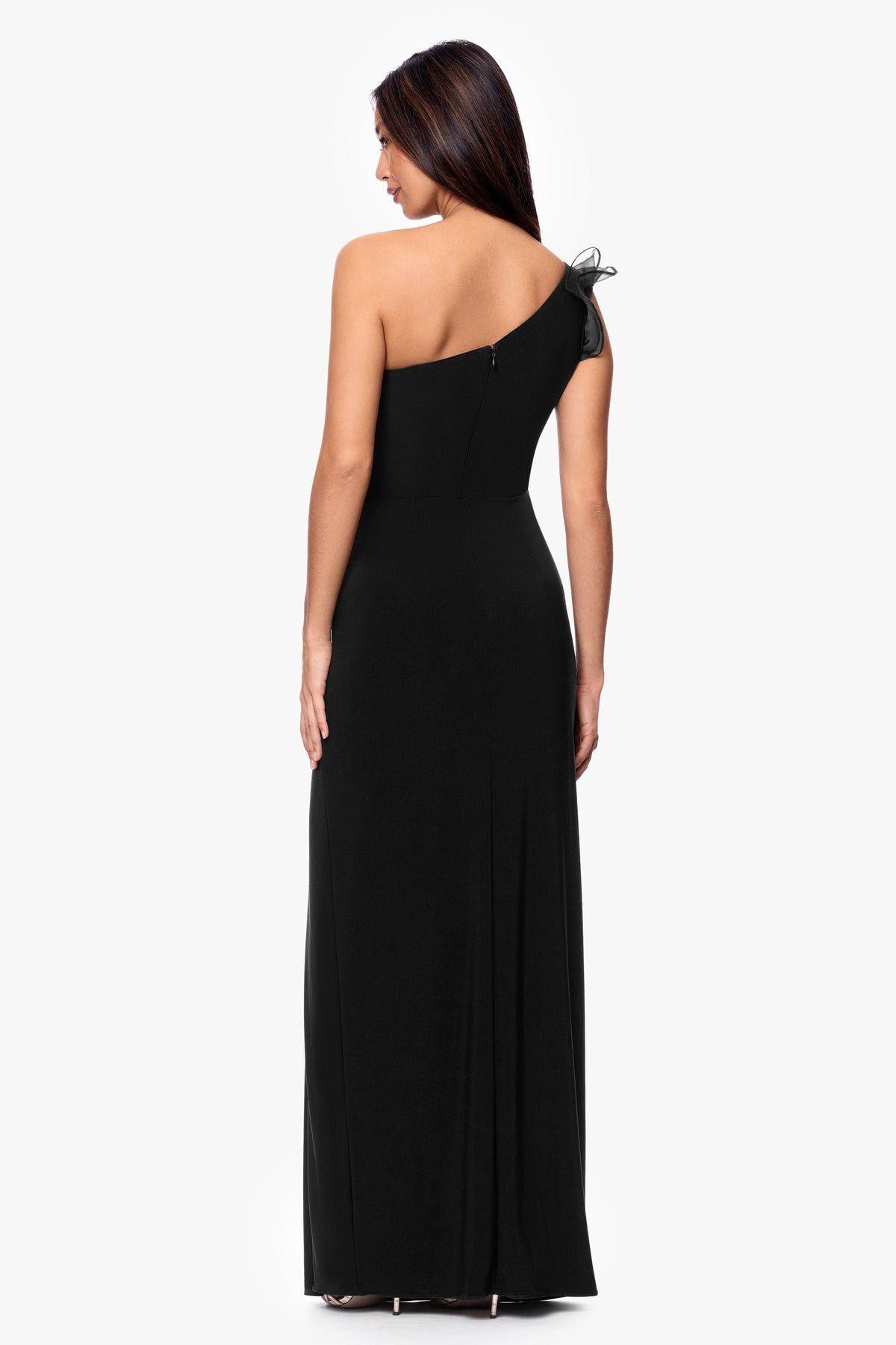 Betsy & Adam "Jade" Jersey Knit One Shoulder Organza Ruffle Dress - Black