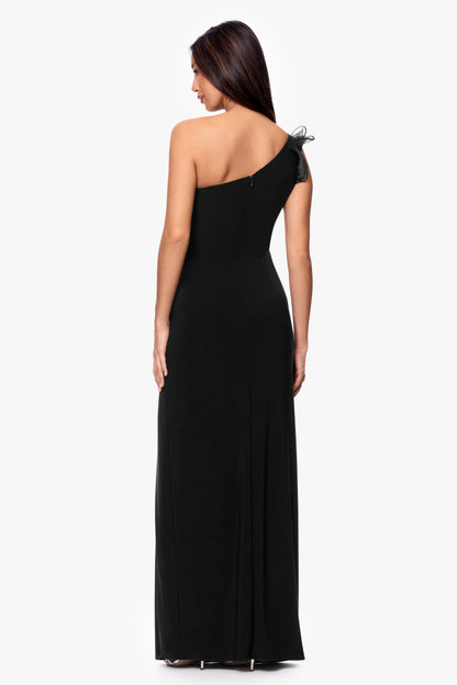 Betsy & Adam "Jade" Jersey Knit One Shoulder Organza Ruffle Dress - Black