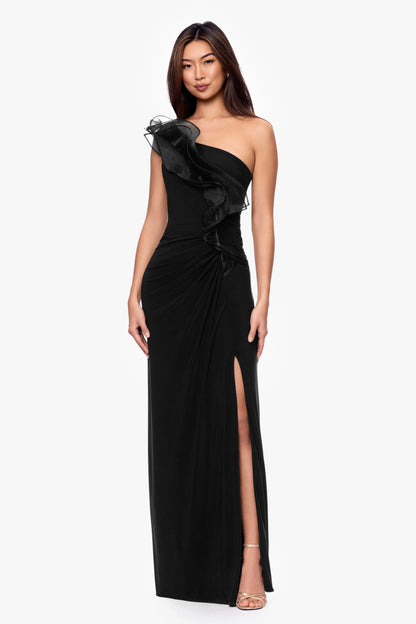 Betsy & Adam "Jade" Jersey Knit One Shoulder Organza Ruffle Dress - Black