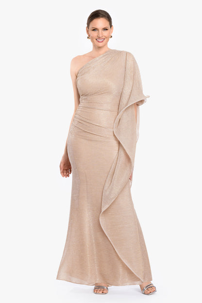 Betsy & Adam “Graclyn” Metallic One Shoulder Side Ruffle Dress - Gold/Silver