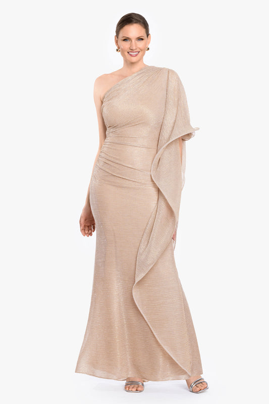 Betsy & Adam “Graclyn” Metallic One Shoulder Side Ruffle Dress - Gold/Silver