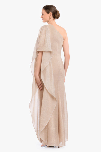 Betsy & Adam “Graclyn” Metallic One Shoulder Side Ruffle Dress - Gold/Silver