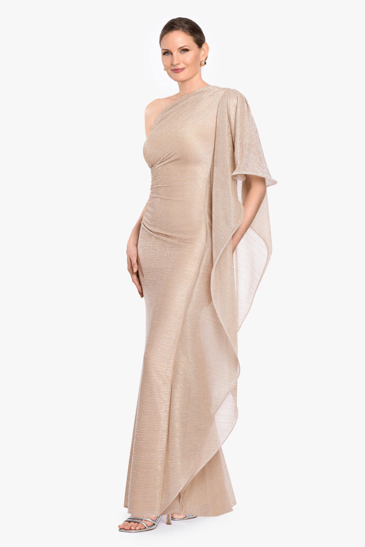 Betsy & Adam “Graclyn” Metallic One Shoulder Side Ruffle Dress - Gold/Silver