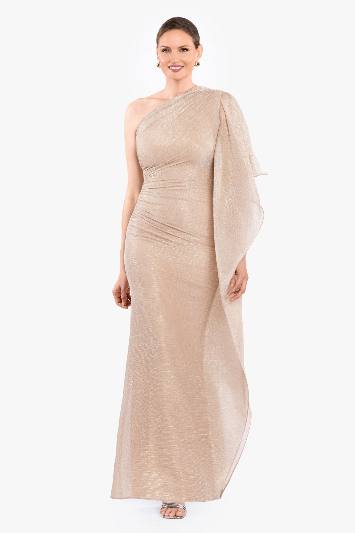 Betsy & Adam “Graclyn” Metallic One Shoulder Side Ruffle Dress - Gold/Silver