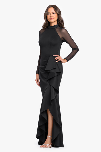 Betsy & Adam "Blair" Techno Scuba Mesh Long Sleeve Dress - Black