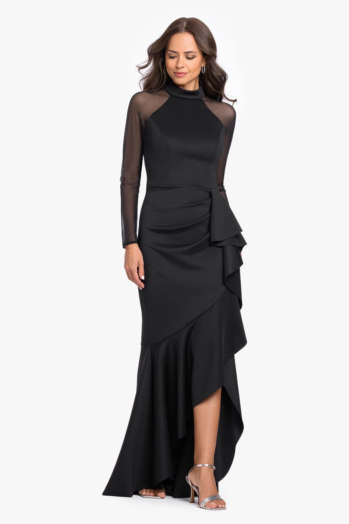 Betsy & Adam "Blair" Techno Scuba Mesh Long Sleeve Dress - Black