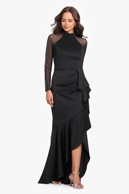 Betsy & Adam "Blair" Techno Scuba Mesh Long Sleeve Dress - Black