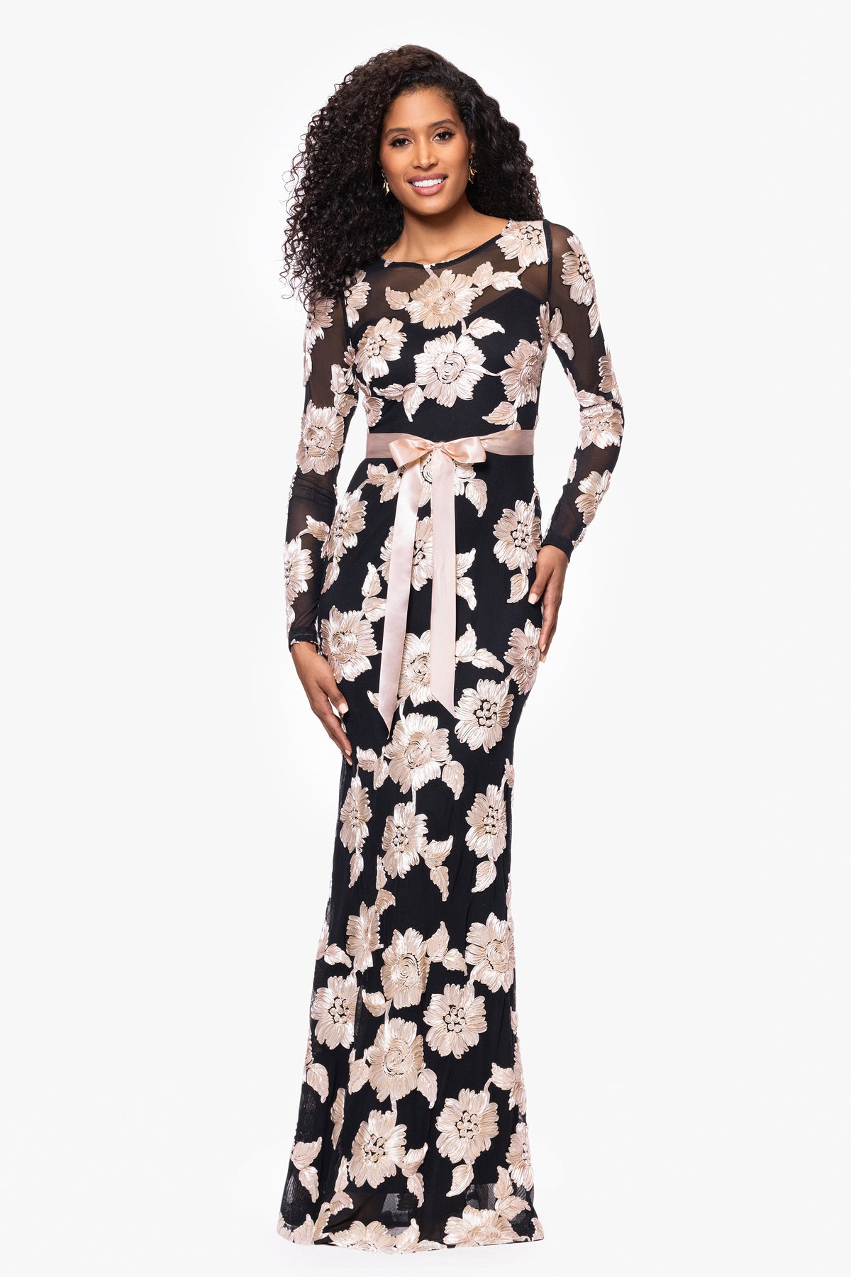 Betsy & Adam Petite "Juliana" Soutache Mesh Long Sleeve Dress - Black/Champagne