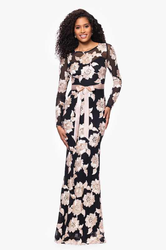 Betsy & Adam Petite "Juliana" Soutache Mesh Long Sleeve Dress - Black/Champagne