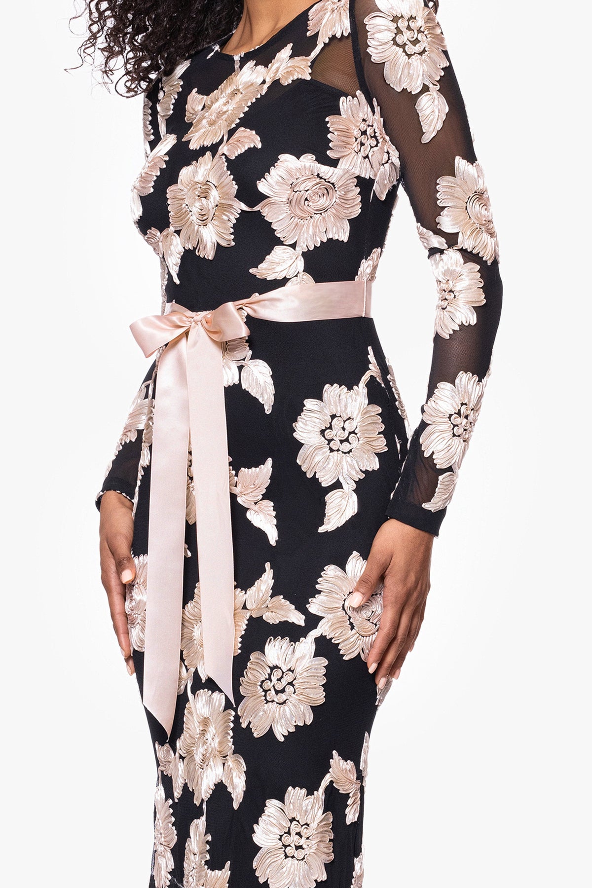 Betsy & Adam Petite "Juliana" Soutache Mesh Long Sleeve Dress - Black/Champagne