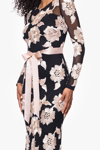 Betsy & Adam Petite "Juliana" Soutache Mesh Long Sleeve Dress - Black/Champagne