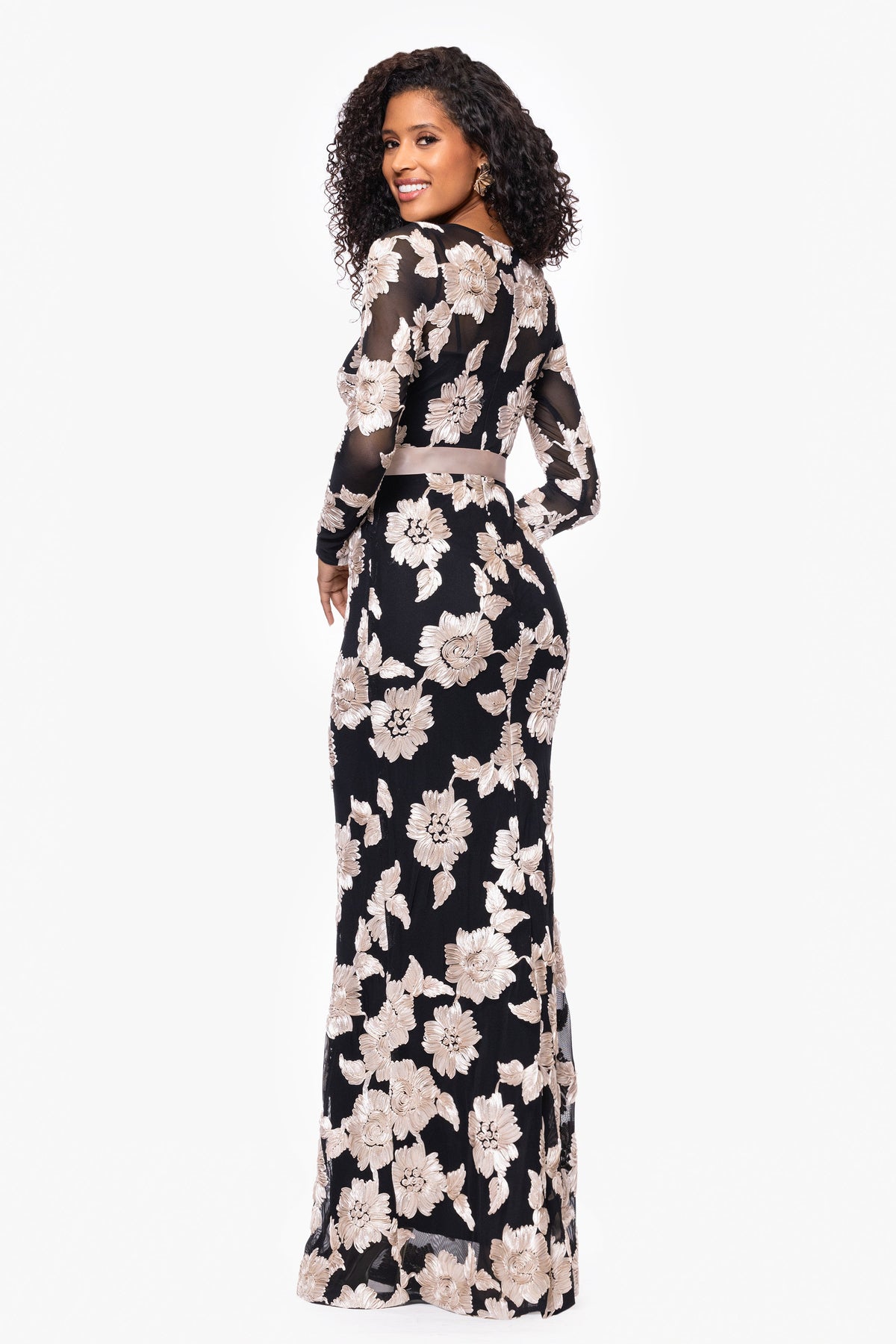 Betsy & Adam Petite "Juliana" Soutache Mesh Long Sleeve Dress - Black/Champagne
