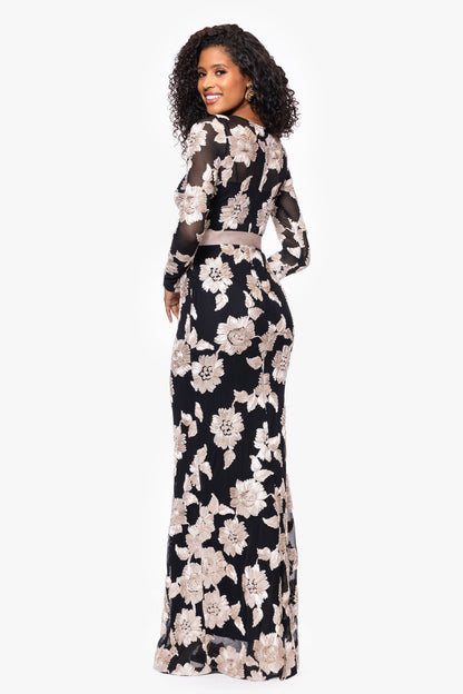 Betsy & Adam Petite "Juliana" Soutache Mesh Long Sleeve Dress - Black/Champagne
