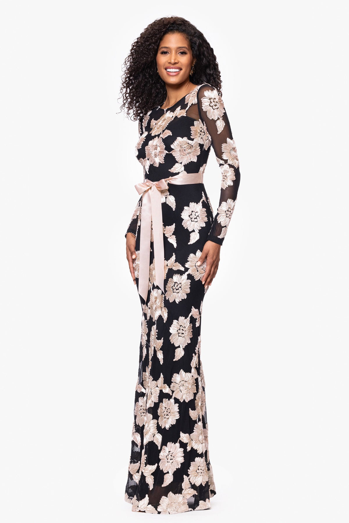 Betsy & Adam Petite "Juliana" Soutache Mesh Long Sleeve Dress - Black/Champagne