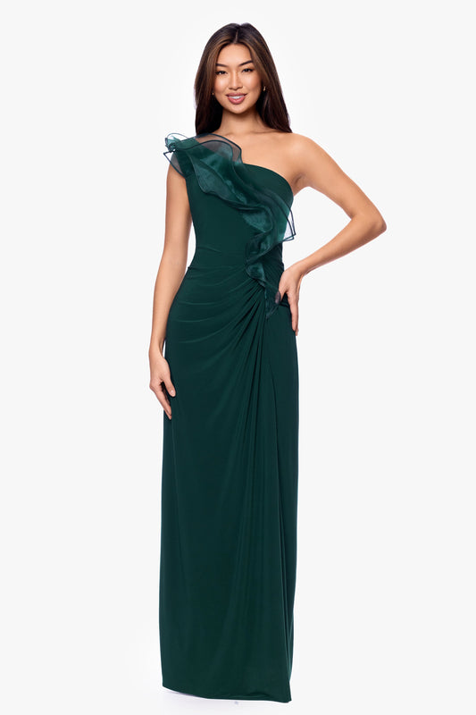 Betsy & Adam "Jade" Jersey Knit One Shoulder Organza Ruffle Dress - Forest