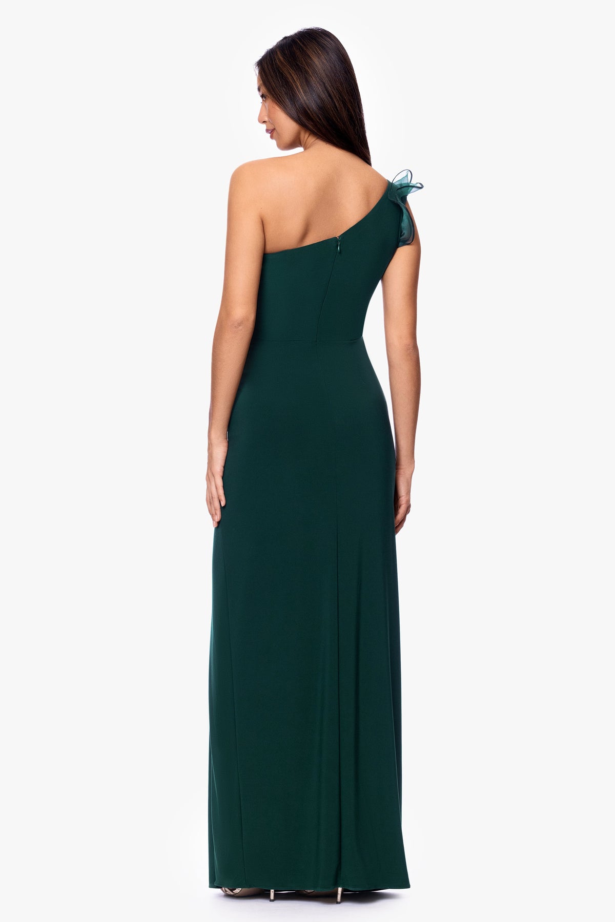 Betsy & Adam "Jade" Jersey Knit One Shoulder Organza Ruffle Dress - Forest
