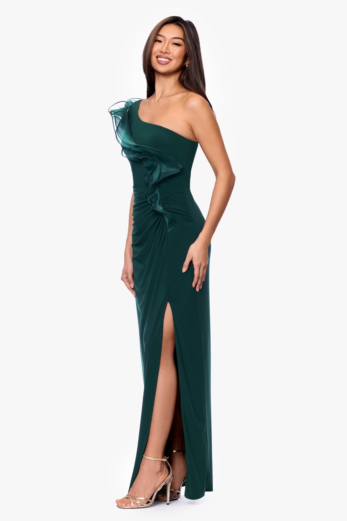 Betsy & Adam "Jade" Jersey Knit One Shoulder Organza Ruffle Dress - Forest