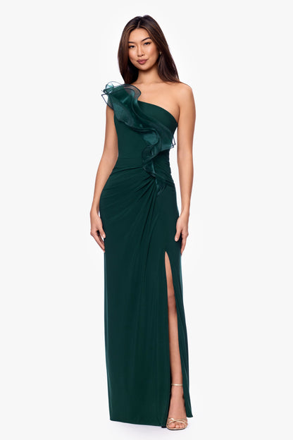 Betsy & Adam "Jade" Jersey Knit One Shoulder Organza Ruffle Dress - Forest