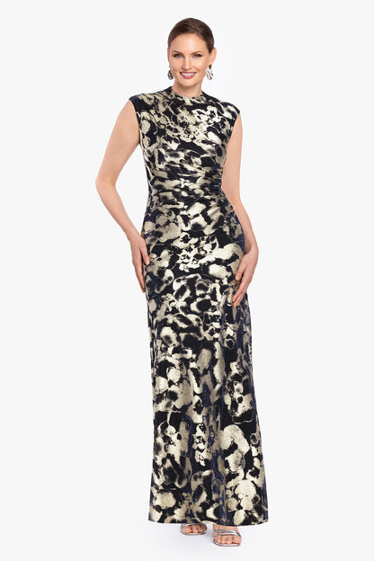 Betsy & Adam "Cory" Metallic Print Ruched Dress - Navy/Gold