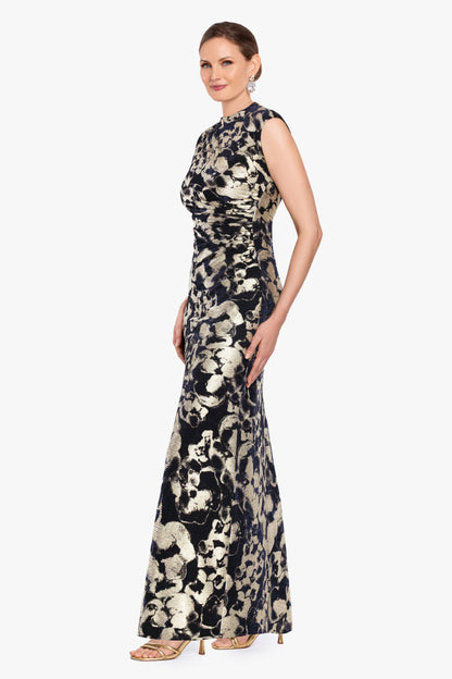 Betsy & Adam "Cory" Metallic Print Ruched Dress - Navy/Gold