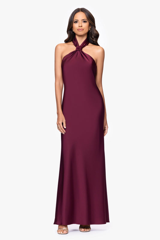 Betsy & Adam "Esmerelda" Satin Double Knotted Halter Neck Dress - Wine