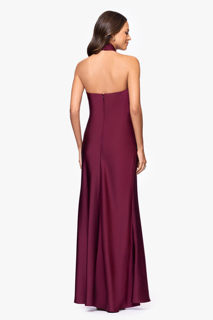 Betsy & Adam "Esmerelda" Satin Double Knotted Halter Neck Dress - Wine