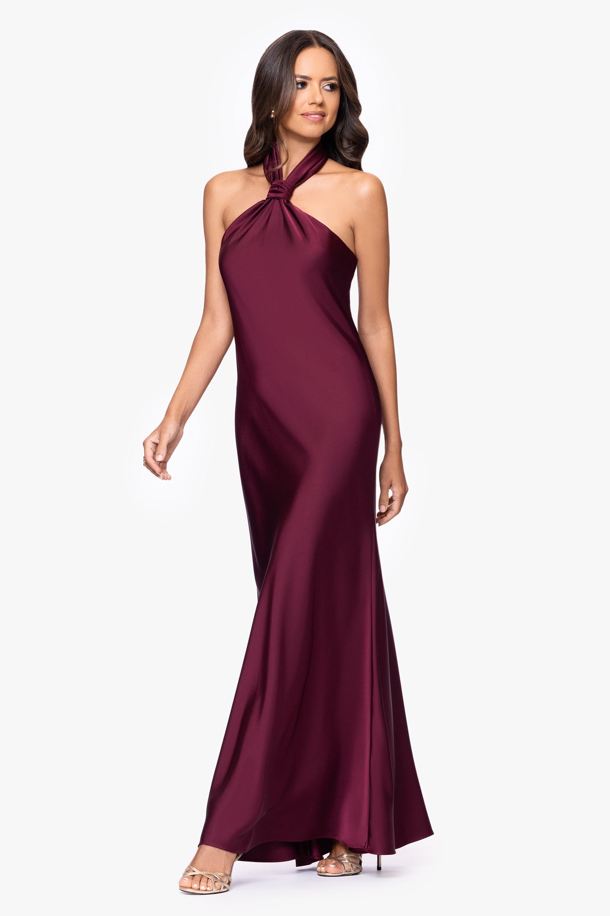 Betsy & Adam "Esmerelda" Satin Double Knotted Halter Neck Dress - Wine