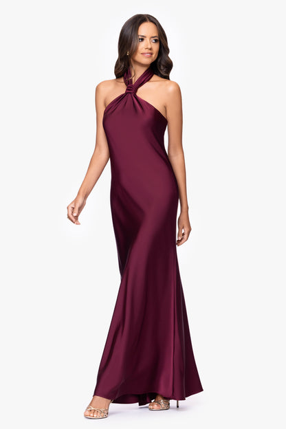 Betsy & Adam "Esmerelda" Satin Double Knotted Halter Neck Dress - Wine