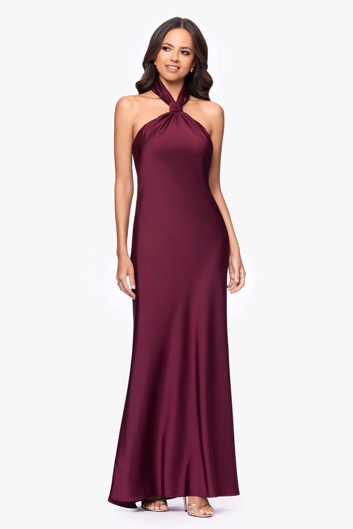 Betsy & Adam "Esmerelda" Satin Double Knotted Halter Neck Dress - Wine