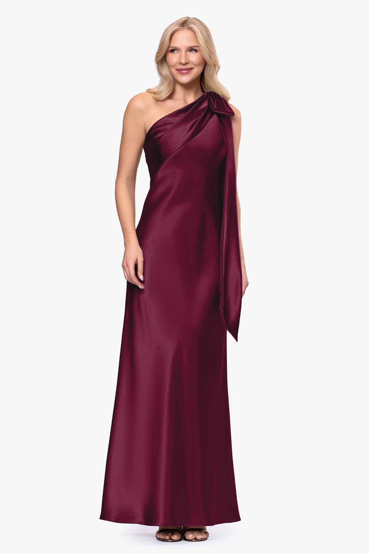 Betsy & Adam "Dove" Satin One Shoulder Bow Dress - Wine