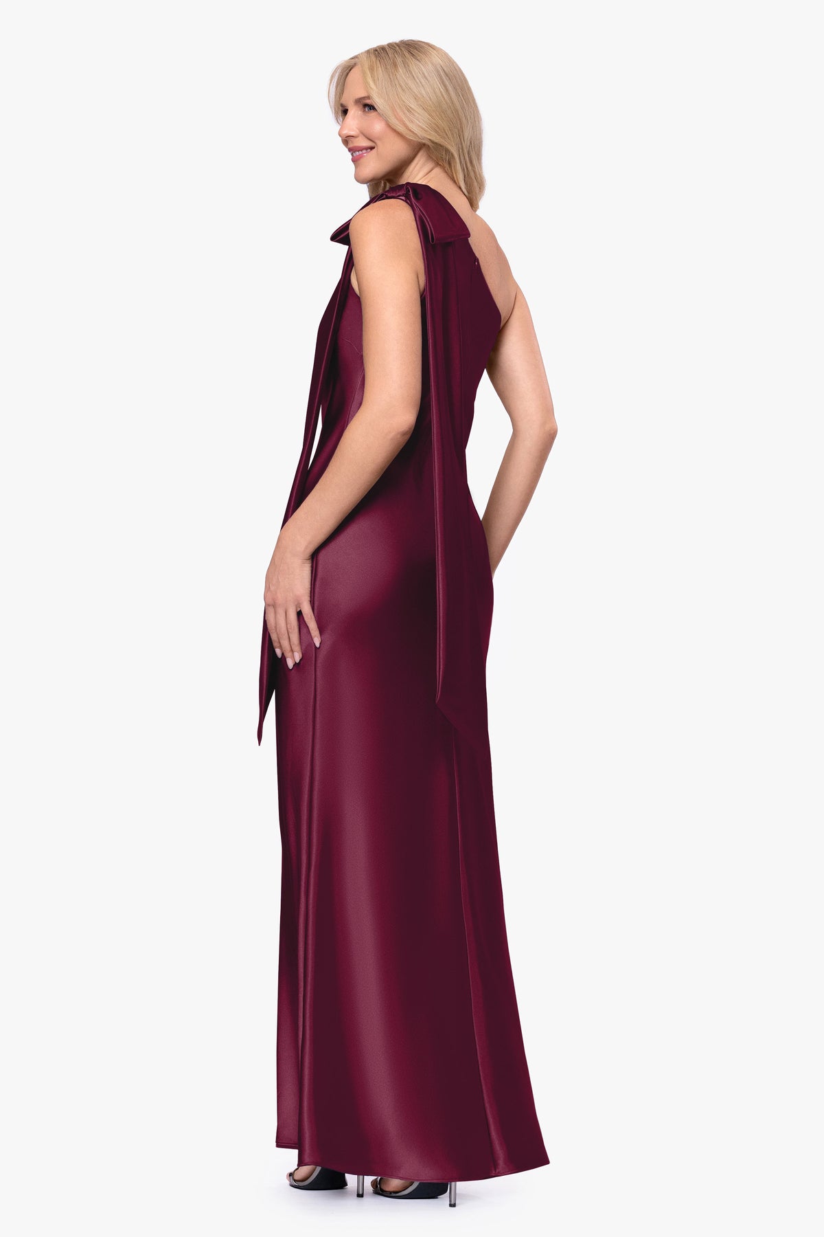 Betsy & Adam "Dove" Satin One Shoulder Bow Dress - Wine