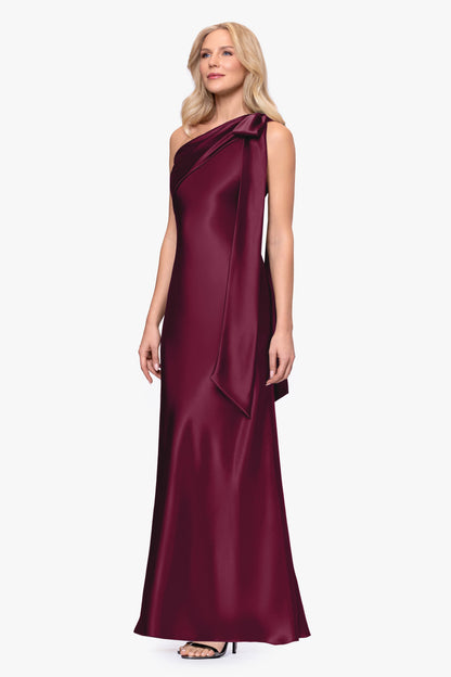 Betsy & Adam "Dove" Satin One Shoulder Bow Dress - Wine
