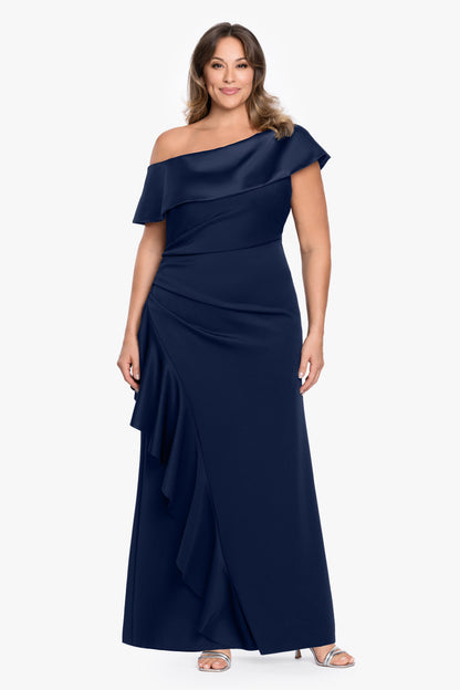 Betsy & Adam Plus "Mariah" Techno Scuba Off The Shoulder Dress - Midnight