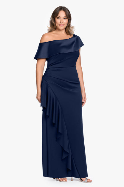 Betsy & Adam Plus "Mariah" Techno Scuba Off The Shoulder Dress - Midnight