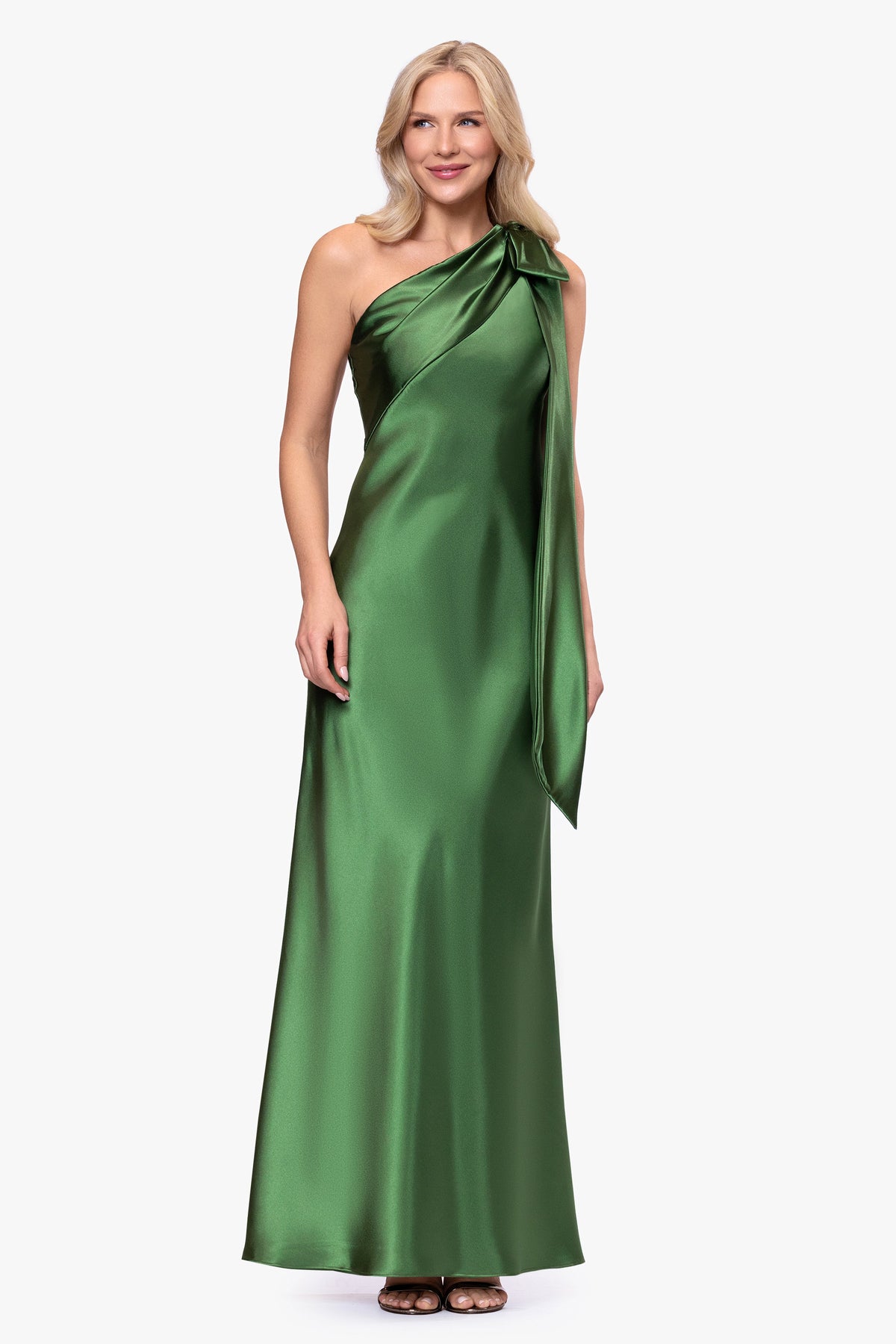 Betsy & Adam "Dove" Satin One Shoulder Bow Dress - Moss