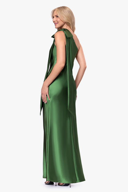 Betsy & Adam "Dove" Satin One Shoulder Bow Dress - Moss