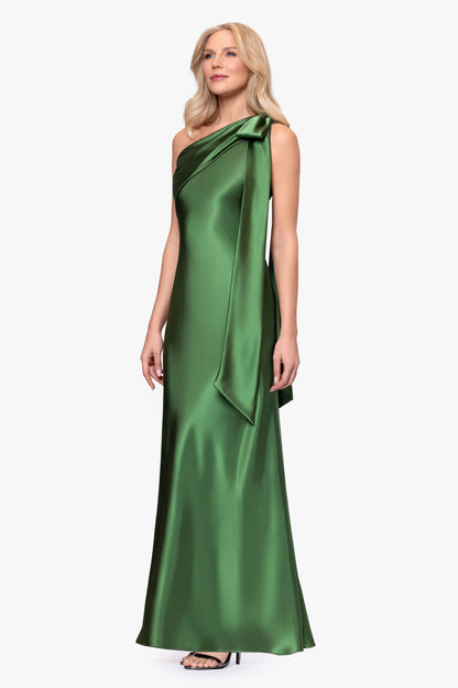 Betsy & Adam "Dove" Satin One Shoulder Bow Dress - Moss