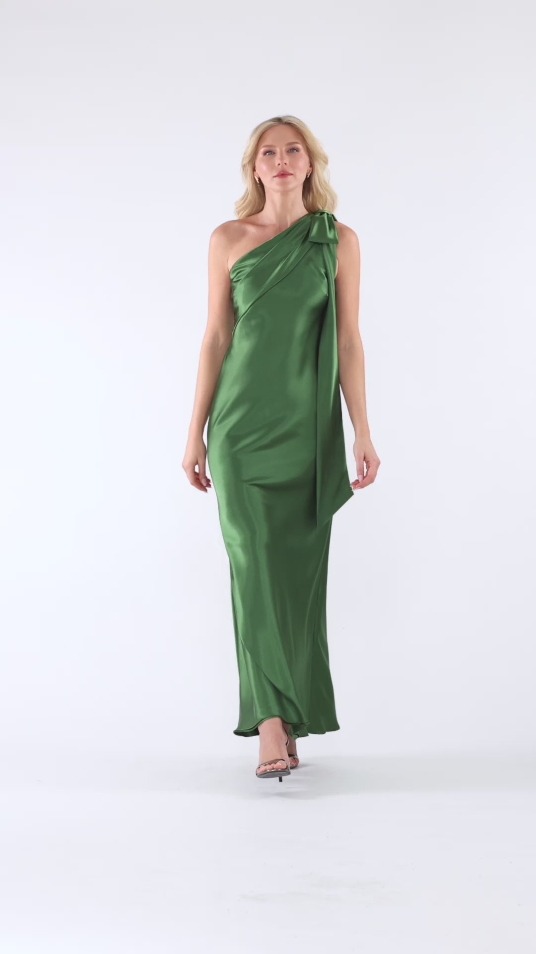 Betsy & Adam "Dove" Satin One Shoulder Bow Dress - Moss