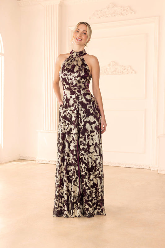 Betsy & Adam "Alara" Metallic Halter Neck Dress - Wine/Gold