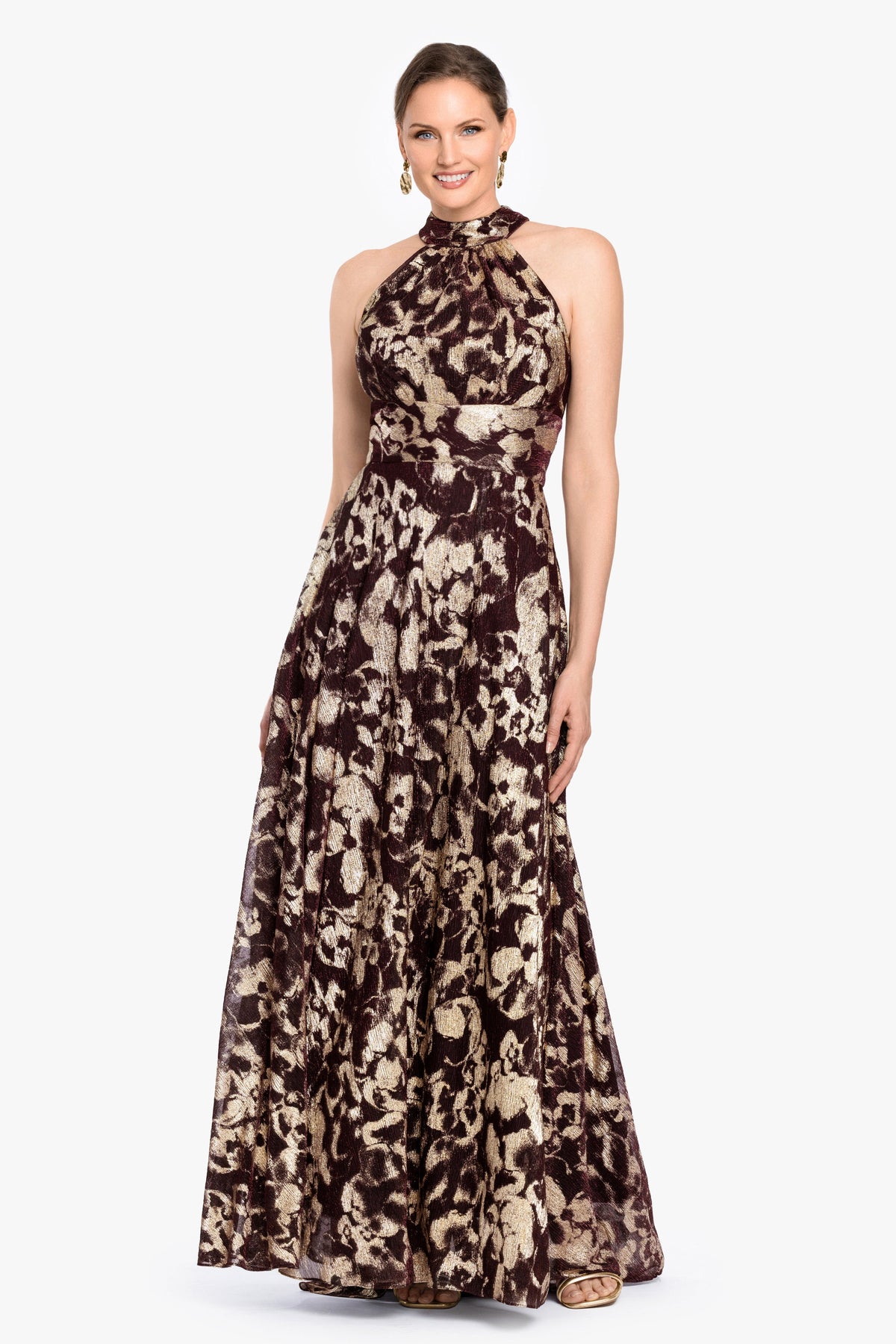 Betsy & Adam "Alara" Metallic Halter Neck Dress - Wine/Gold