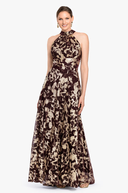 Betsy & Adam "Alara" Metallic Halter Neck Dress - Wine/Gold