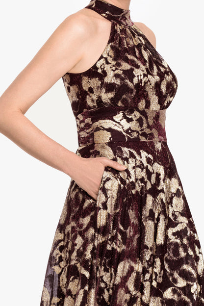 Betsy & Adam "Alara" Metallic Halter Neck Dress - Wine/Gold