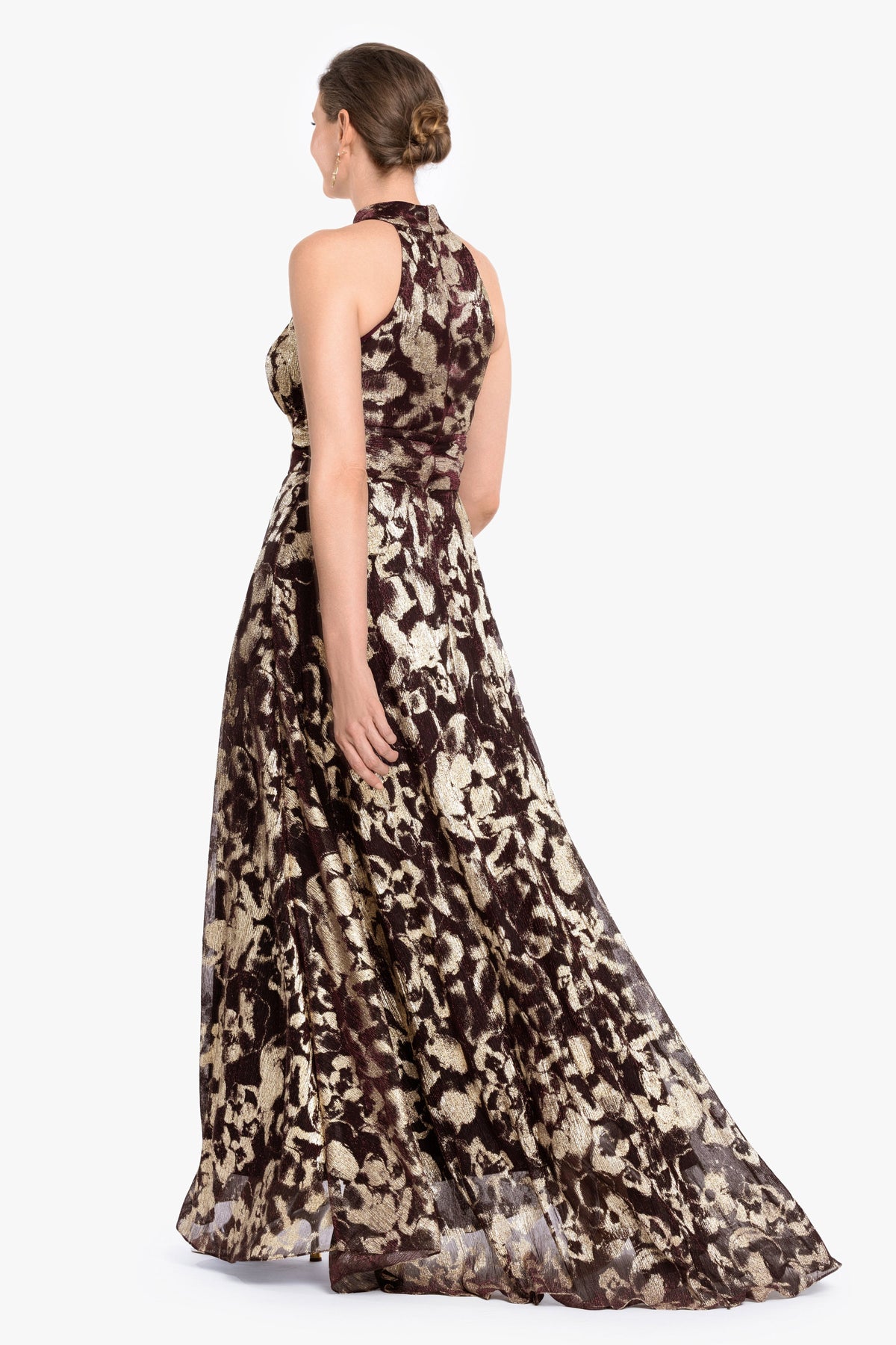 Betsy & Adam "Alara" Metallic Halter Neck Dress - Wine/Gold